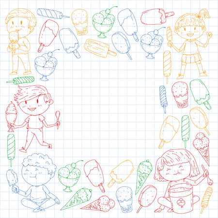 Small children eating ice cream. Sweet strawberry candy for kids. Tasty vanilla, orange, kiwi dessertのイラスト素材