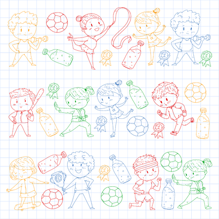 Children sport competitions. Young atheles playing soccer, football, baseball, basketball. Boys and girls running. Images of rhythic gymnastics, figure skatingのイラスト素材