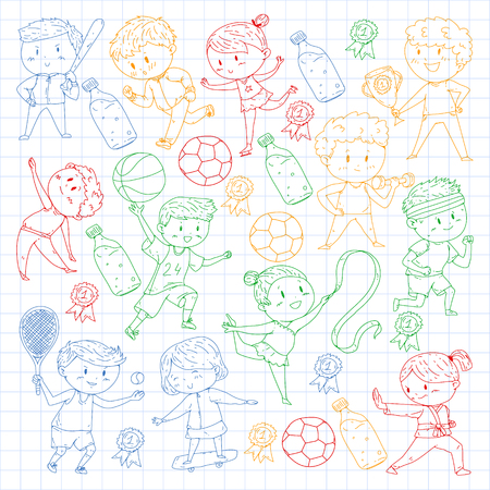 Children sport competitions. Young atheles playing soccer, football, baseball, basketball. Boys and girls running. Images of rhythic gymnastics, figure skatingのイラスト素材