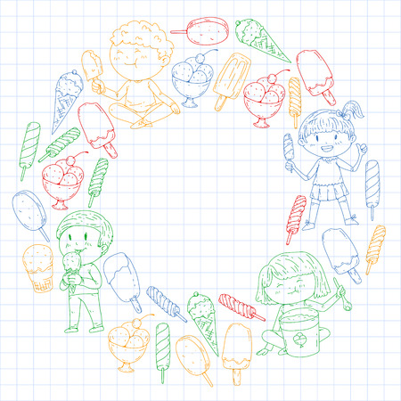 Small children eating ice cream. Sweet strawberry candy for kids. Tasty vanilla, orange, kiwi dessertのイラスト素材