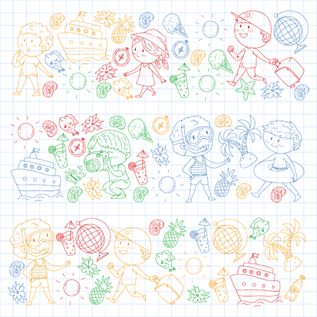 Happy children playing at seashore, beach, sea, ocean. Kids vacation and travelling. Swimming, doodle icons globe, cruise ship, cocktailのイラスト素材