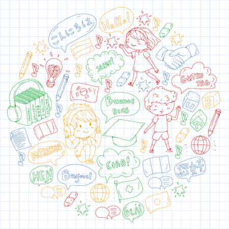 Language school for adult, kids. Children courses. English, Italian, Spanish, Japanese Chinese Arabic German Play and studyのイラスト素材