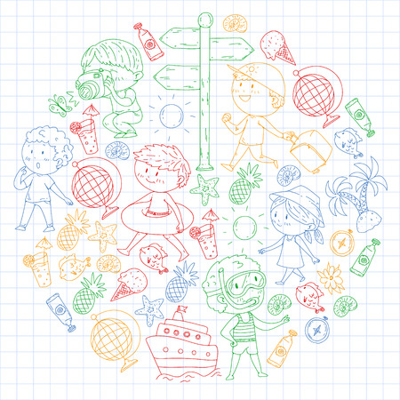 Happy children playing at seashore, beach, sea, ocean. Kids vacation and travelling. Swimming, doodle icons globe, cruise ship, cocktailのイラスト素材