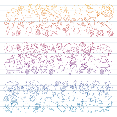 Happy children playing at seashore, beach, sea, ocean. Kids vacation and travelling. Swimming, doodle icons globe, cruise ship, cocktailsのイラスト素材