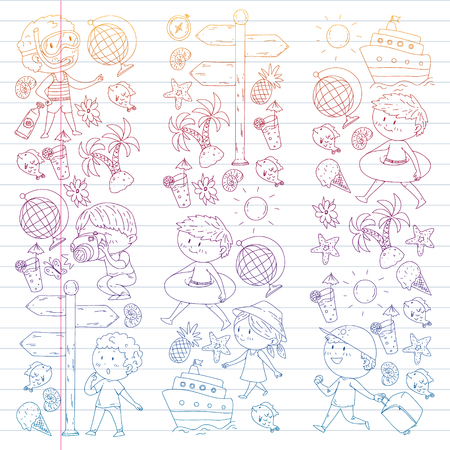 Happy children playing at seashore, beach, sea, ocean. Kids vacation and travelling. Swimming, doodle icons globe, cruise ship, cocktailsのイラスト素材