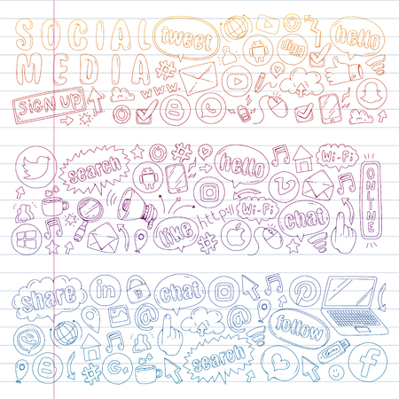 Social media and teamwork icons. Doodle images. Management, business infographicのイラスト素材