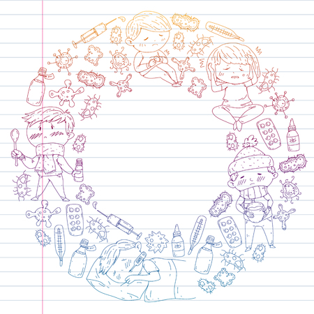 Children medical center. Healthcare illustration. Doodle icons with small kids, infection, fever, cold, virus illnessのイラスト素材