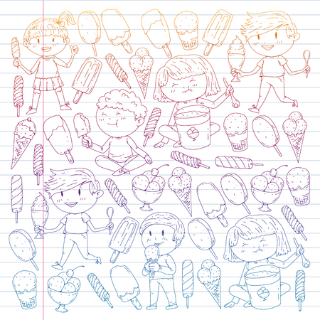 Small children eating ice cream. Sweet strawberry candy for kids. Tasty vanilla, orange, kiwi dessertのイラスト素材