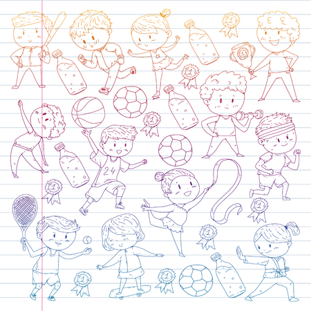 Children sport competitions. Young atheles playing soccer, football, baseball, basketball. Boys and girls running. Images of rhythic gymnastics, figure skatingのイラスト素材
