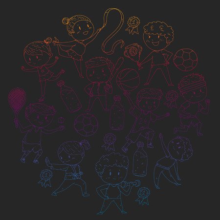 Children sport competitions. Young atheles playing soccer, football, baseball, basketball. Boys and girls running. Images of rhythic gymnastics, figure skatingのイラスト素材