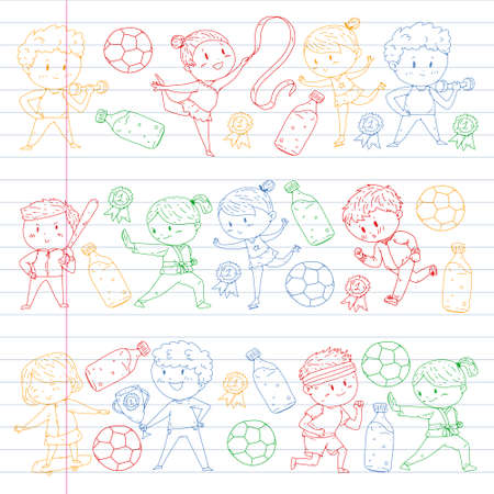 Children sport competitions. Young atheles playing soccer, football, baseball, basketball. Boys and girls running. Images of rhythic gymnastics, figure skatingのイラスト素材