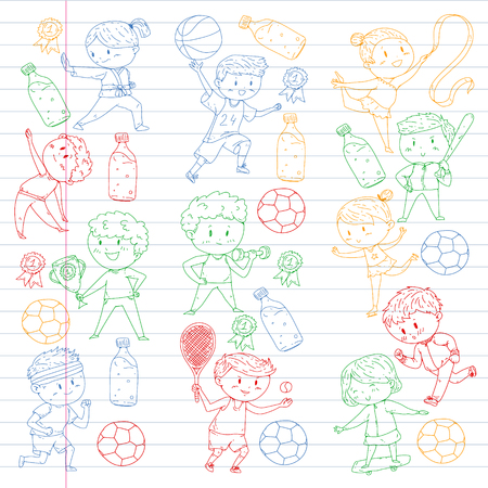 Children sport competitions. Young atheles playing soccer, football, baseball, basketball. Boys and girls running. Images of rhythic gymnastics, figure skatingのイラスト素材