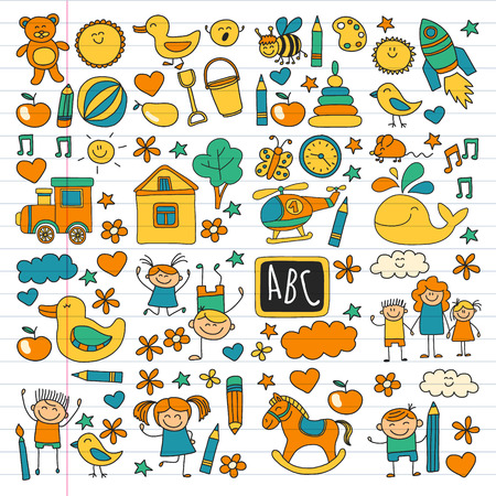 Vector doodle set with kindergarten children. Small kids play, learn, having fun together.のイラスト素材