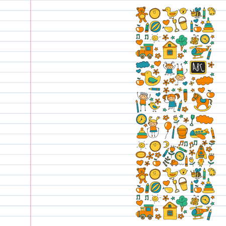 Vector doodle set with kindergarten children. Small kids play, learn, having fun together.のイラスト素材