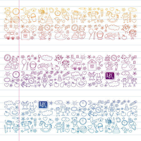 Vector doodle set with kindergarten children. Small kids play, learn, having fun together.のイラスト素材