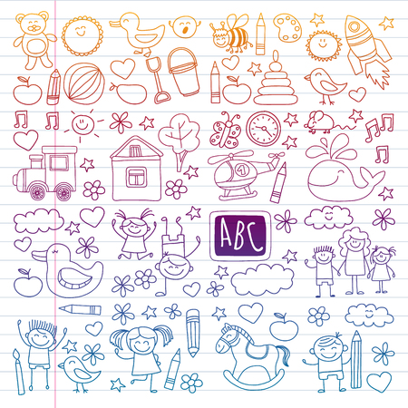 Vector doodle set with kindergarten children. Small kids play, learn, having fun together.のイラスト素材