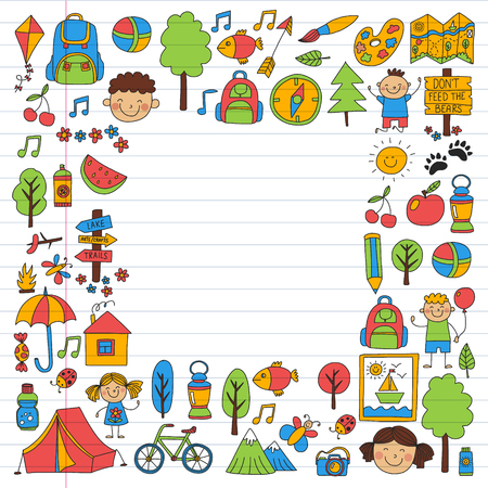 Vector set of camping, hiking icons for little children. School and kindergarten kids vacationのイラスト素材