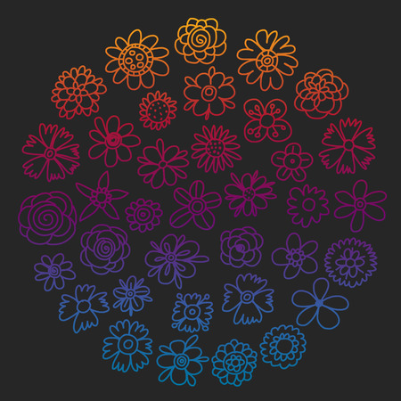 Vector set of colorful doodle flowers. Wedding ornamentのイラスト素材