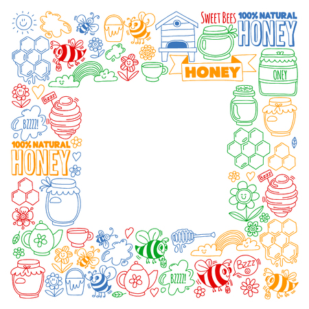 Vector image of bees, organic farm honey. Pattern with summer flowers. Healthy foodのイラスト素材