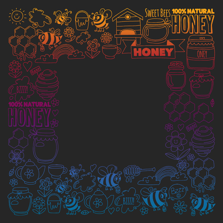 Vector image of bees, organic farm honey. Pattern with summer flowers. Healthy foodのイラスト素材