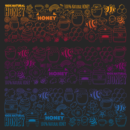 Vector image of bees, organic farm honey. Pattern with summer flowers. Healthy foodのイラスト素材