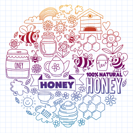 Vector image of bees, organic farm honey. Pattern with summer flowers. Healthy foodのイラスト素材