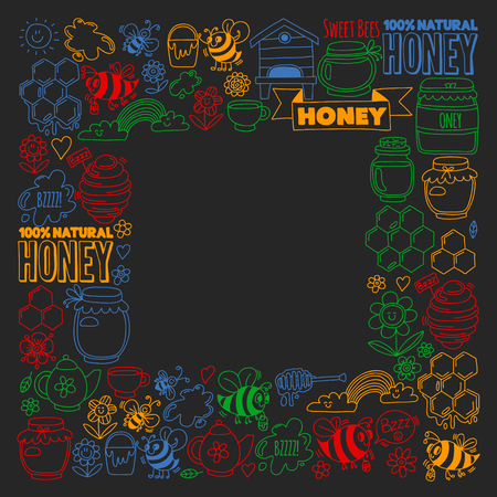 Vector image of bees, organic farm honey. Pattern with summer flowers. Healthy foodのイラスト素材