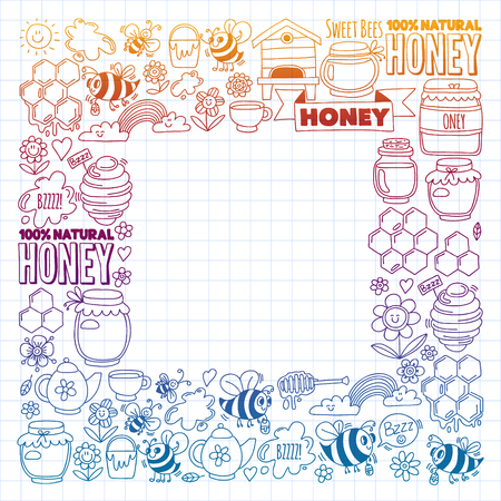 Vector image of bees, organic farm honey. Pattern with summer flowers. Healthy foodのイラスト素材