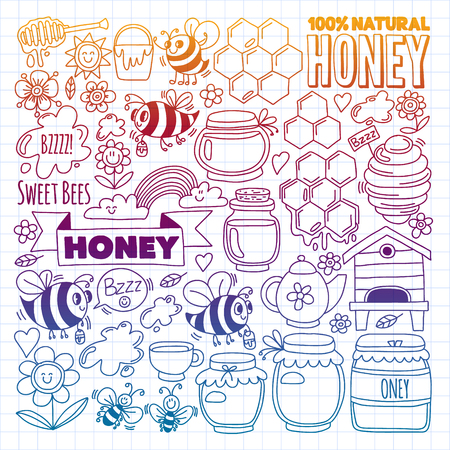 Vector image of bees, organic farm honey. Pattern with summer flowers. Healthy foodのイラスト素材