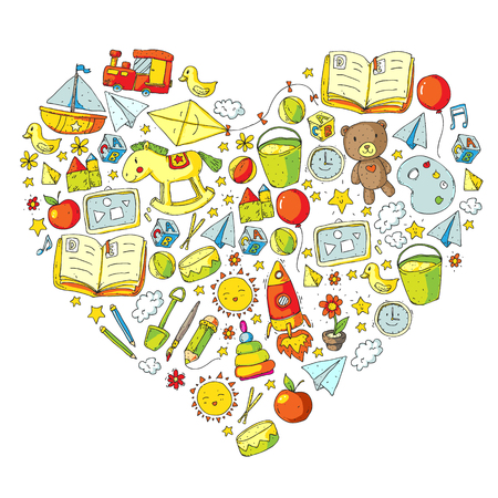 Kindergarten with toys. Pattern for children. Little preschool kids education. Drawing, learningのイラスト素材
