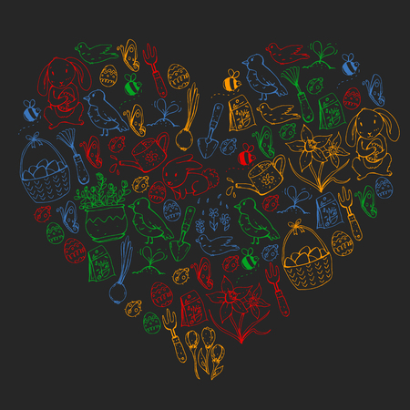 Easter vector illustration. Spring design for patterns. Holiday decoration for greeting cards. Rabbit, bunny character, eggs, flowers, seasonal elementsのイラスト素材