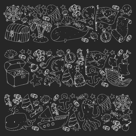 Ocean and sea for children. Pattern for boys. Pirate party. Cute fishes, animals, treasures. Kids vacation pattern, beach toys and elementsのイラスト素材