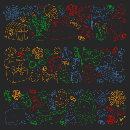 Ocean and sea for children. Pattern for boys. Pirate party. Cute fishes, animals, treasures. Kids vacation pattern, beach toys and elementsのイラスト素材