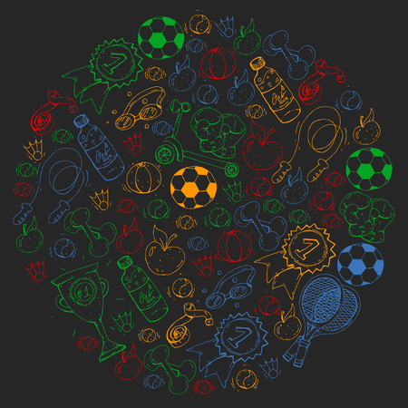 Vector pattern with sport elements. Fitness, games exercisesのイラスト素材