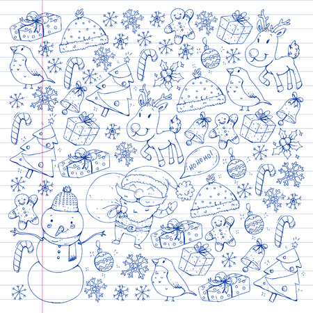 Christmas winter party. Happy new year. Bullfinch, Santa Claus, snowman, deer Presents and candyのイラスト素材