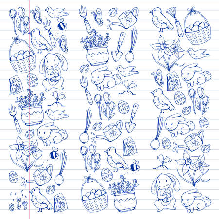 Easter vector illustration. Spring design for patterns. Holiday decoration for greeting cards. Rabbit, bunny character, eggs, flowers, seasonal elementsのイラスト素材