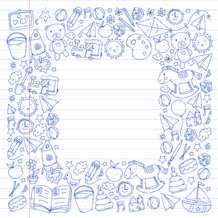 Kindergarten with toys. Pattern for children. Little preschool kids education. Drawing, learningのイラスト素材