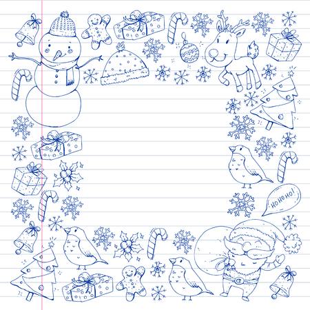 Christmas winter party. Happy new year. Bullfinch, Santa Claus, snowman, deer Presents and candyのイラスト素材