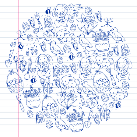 Easter vector illustration. Spring design for patterns. Holiday decoration for greeting cards. Rabbit, bunny character, eggs, flowers, seasonal elementsのイラスト素材