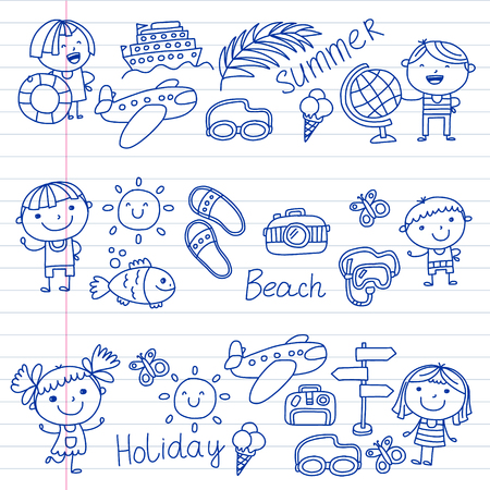 Vector pattern with children icons. Summer vacation at seashore, sea, ocean, beach. Small kids having funのイラスト素材