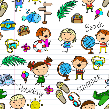 Vector pattern with children icons. Summer vacation at seashore, sea, ocean, beach. Small kids having funのイラスト素材