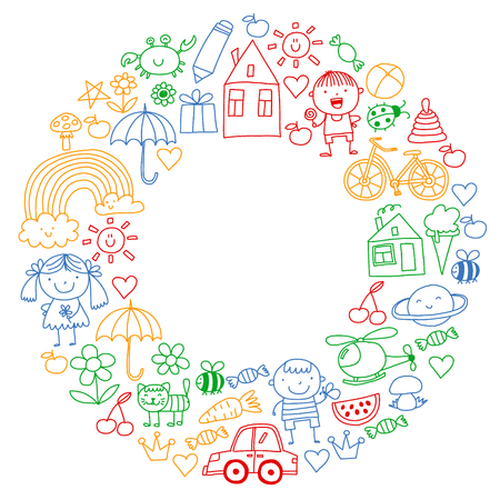 Kindergarten pattern with cute children and toys. Kids drawing style illustration.のイラスト素材