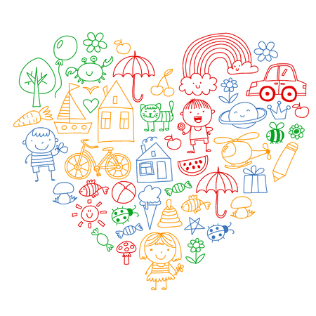 Kindergarten pattern with cute children and toys. Kids drawing style illustration.のイラスト素材