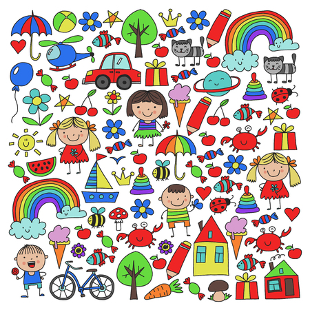 Kindergarten pattern with cute children and toys. Kids drawing style illustration.のイラスト素材