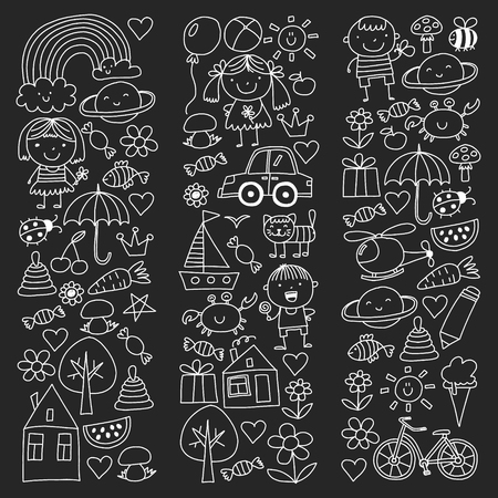 Kindergarten pattern with cute children and toys. Kids drawing style illustration.のイラスト素材