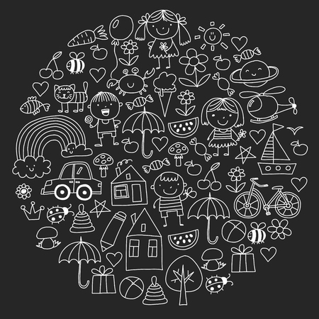 Kindergarten pattern with cute children and toys. Kids drawing style illustration.のイラスト素材