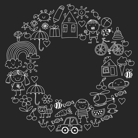 Kindergarten pattern with cute children and toys. Kids drawing style illustration.のイラスト素材