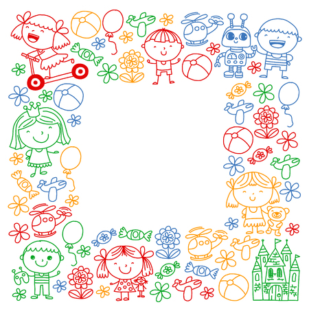 Children with toys. Colorful pattern for kindergarten postersのイラスト素材