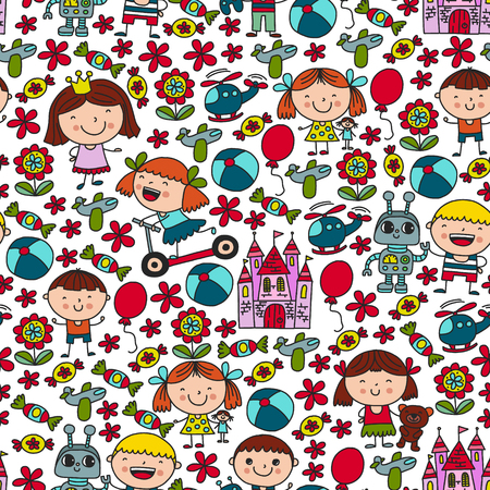 Children with toys. Colorful pattern for kindergarten postersのイラスト素材