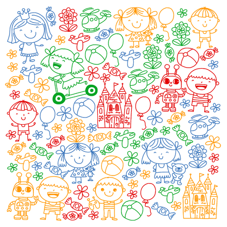 Children with toys. Colorful pattern for kindergarten postersのイラスト素材